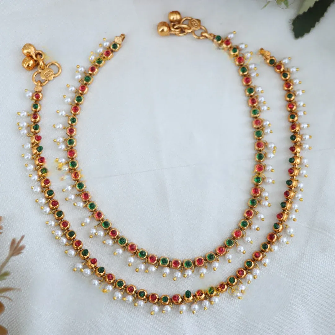 Kemp Stone Gold Plated Anklets - Red Green